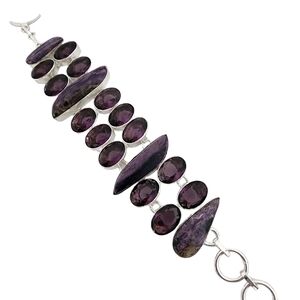 Silver gemstone bracelet - purple charoite gemstones + amethyst glass stones Q15